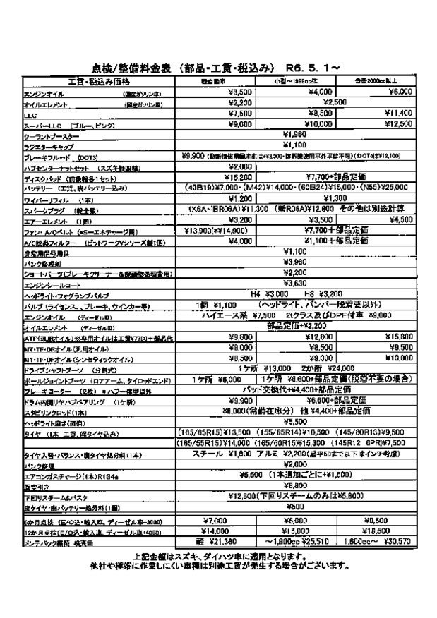 点検/整備料金のご案内