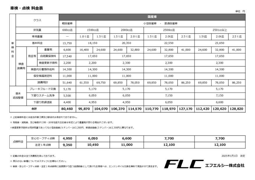 車検・点検料金表