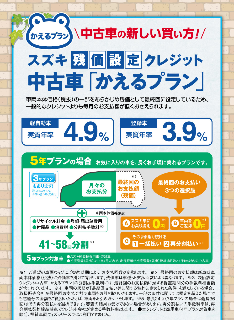 中古車の新しい買い方！スズキ残価設定クレジット『かえるプラン』