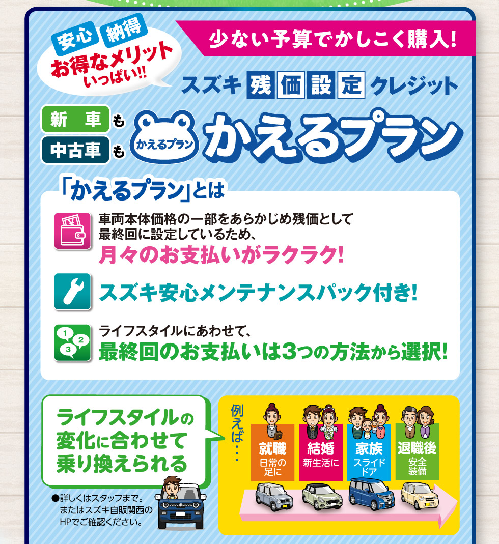 少ない予算でかしこく購入！スズキ残価設定クレジット『かえるプラン』