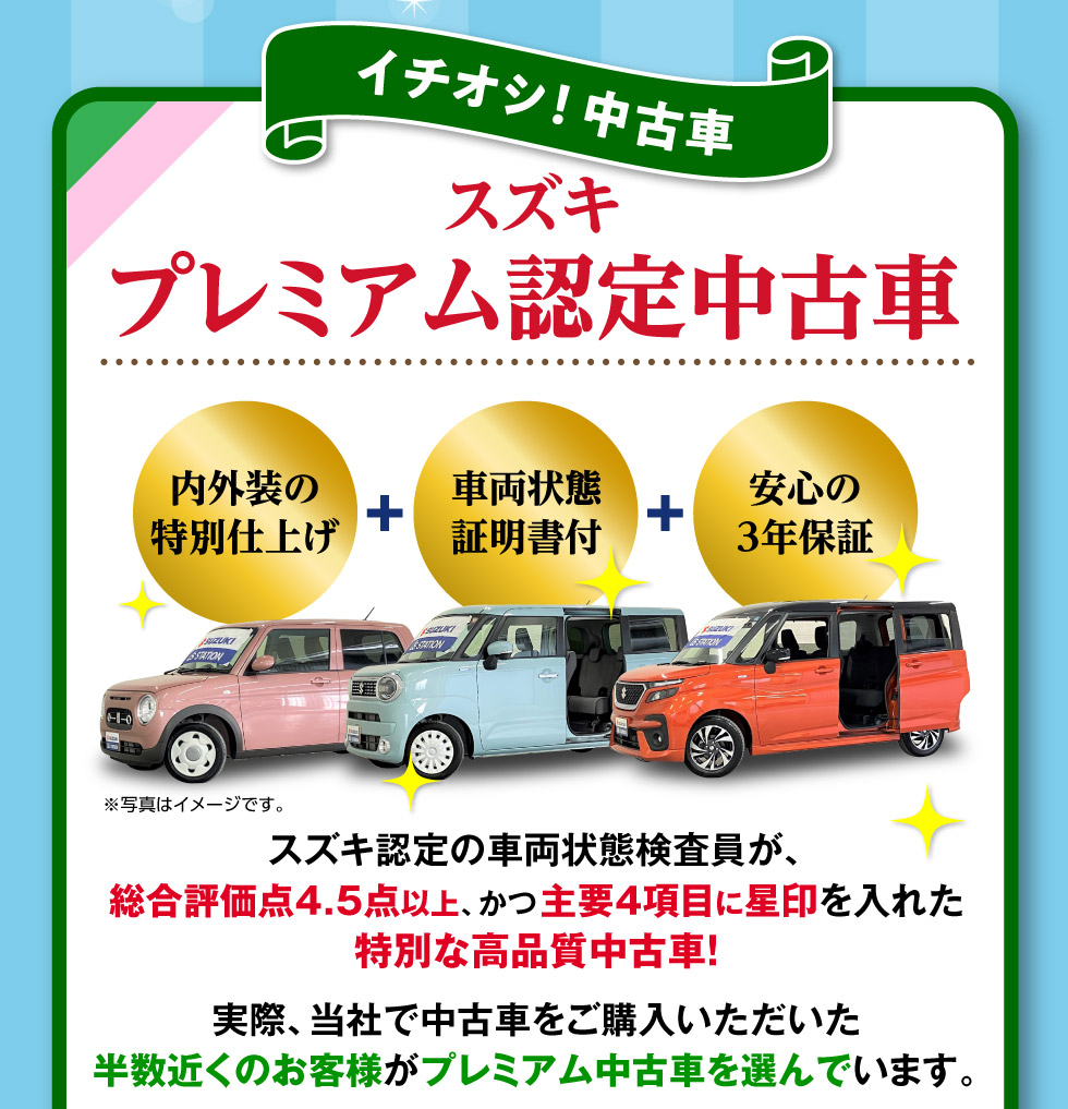 当社で中古車を購入された半数以上の人に選ばれている『スズキプレミアム認定中古車』