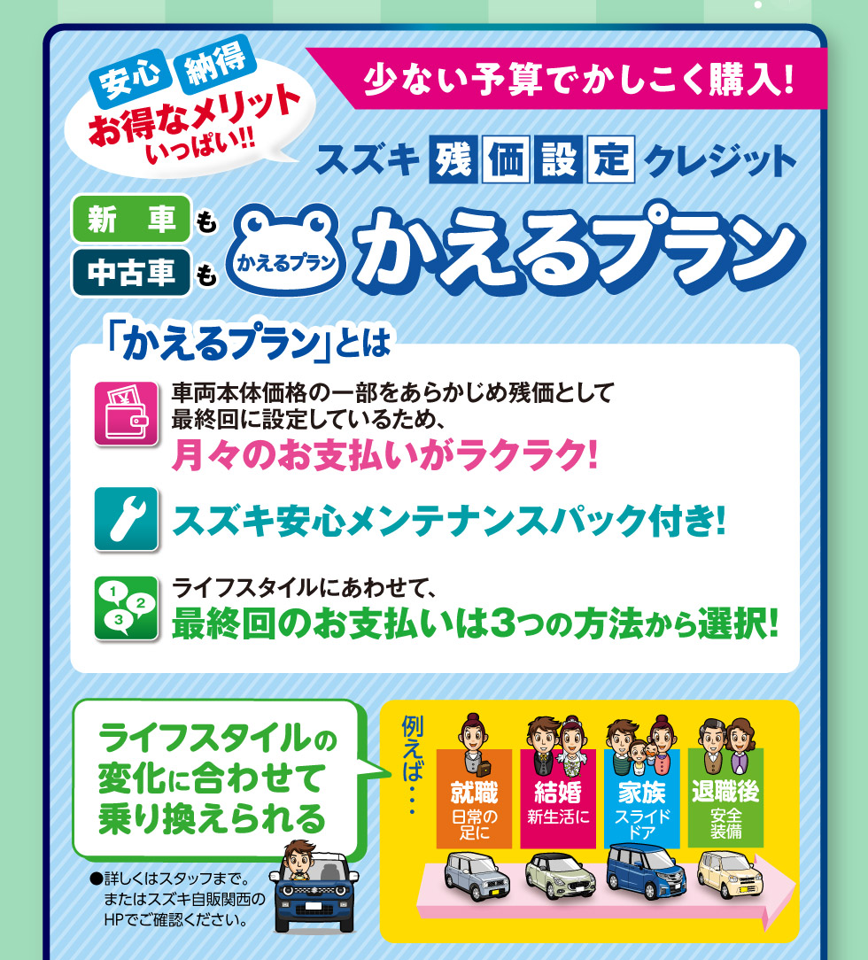 少ない予算でかしこく購入！スズキ残価設定クレジット『かえるプラン』