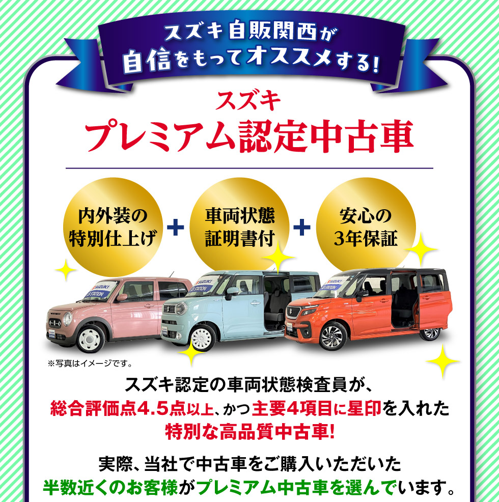 当社で中古車を購入された半数以上の人に選ばれている『スズキプレミアム認定中古車』