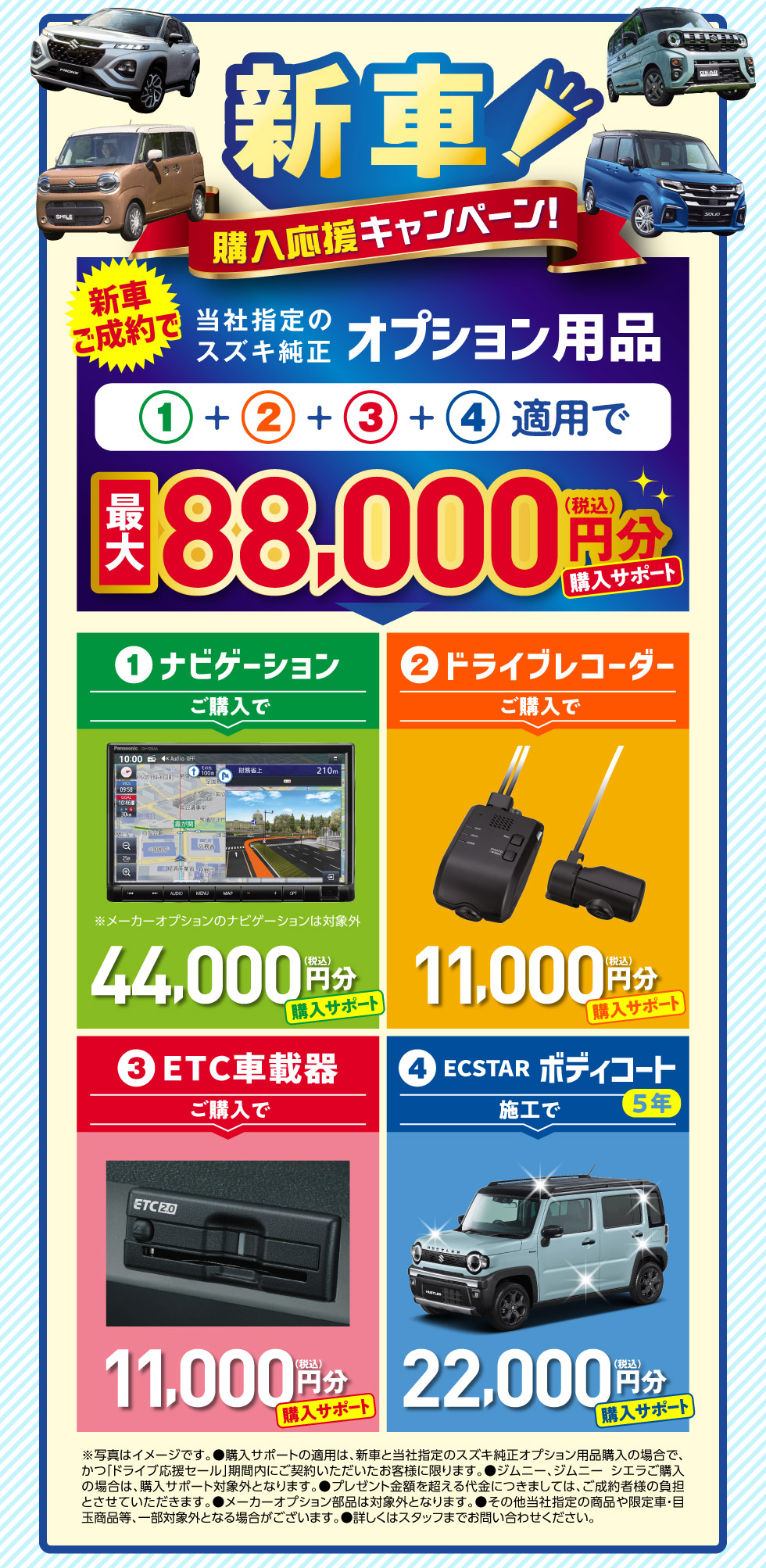 新車購入応援キャンペーン！新車ご成約で最大88,000円分のオプション用品購入サポート
