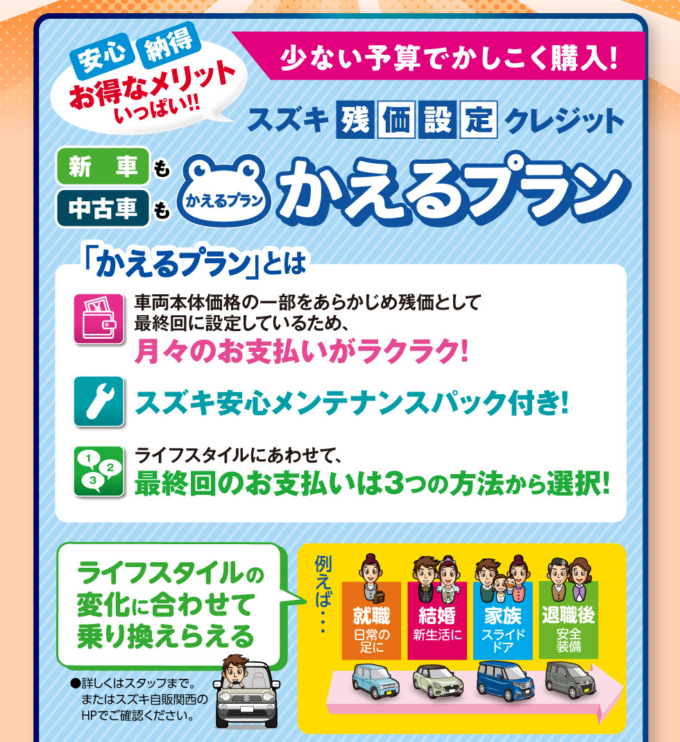 少ない予算でかしこく購入！スズキ残価設定クレジット『かえるプラン』