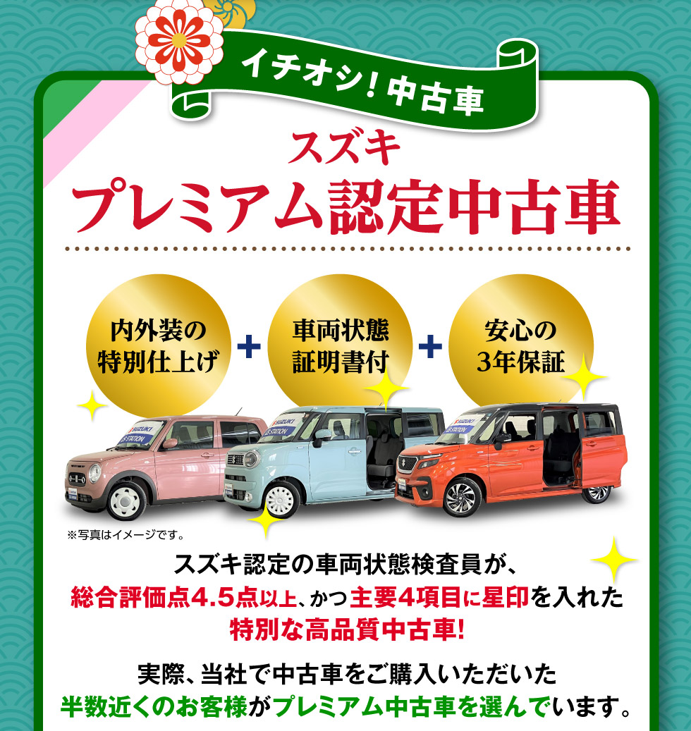 当社で中古車を購入された半数以上の人に選ばれている『スズキプレミアム認定中古車』