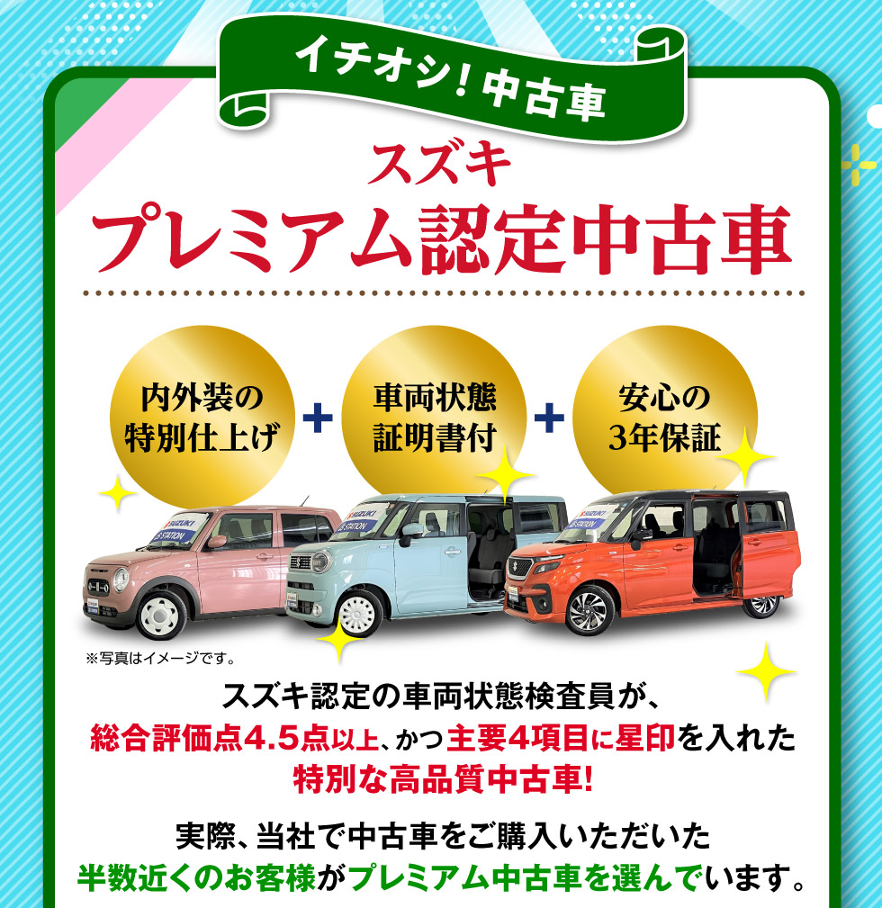 当社で中古車を購入された半数以上の人に選ばれている『スズキプレミアム認定中古車』