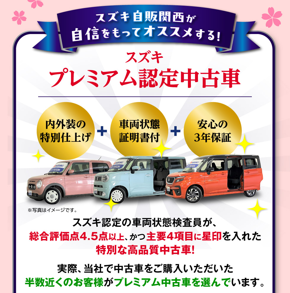 当社で中古車を購入された半数以上の人に選ばれている『スズキプレミアム認定中古車』