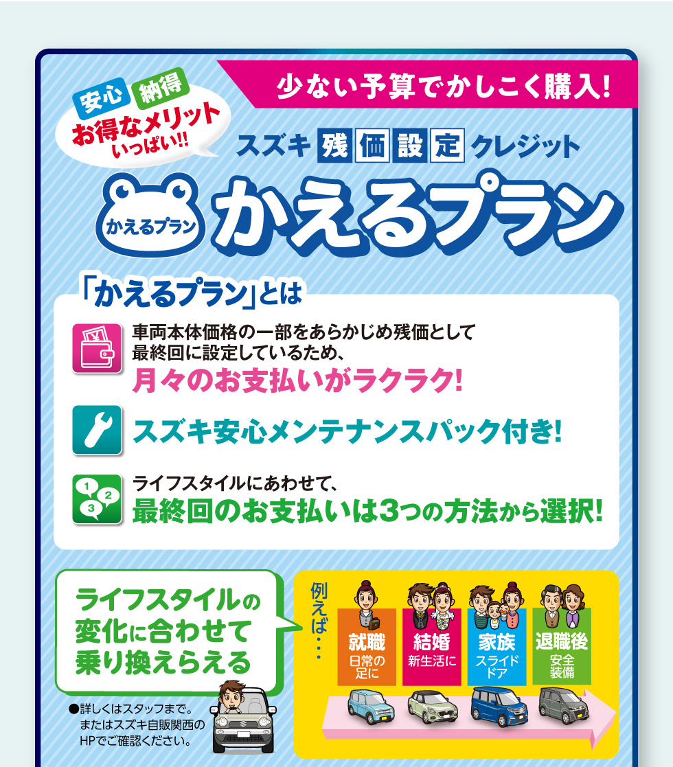 少ない予算でかしこく購入！スズキ残価設定クレジット『かえるプラン』