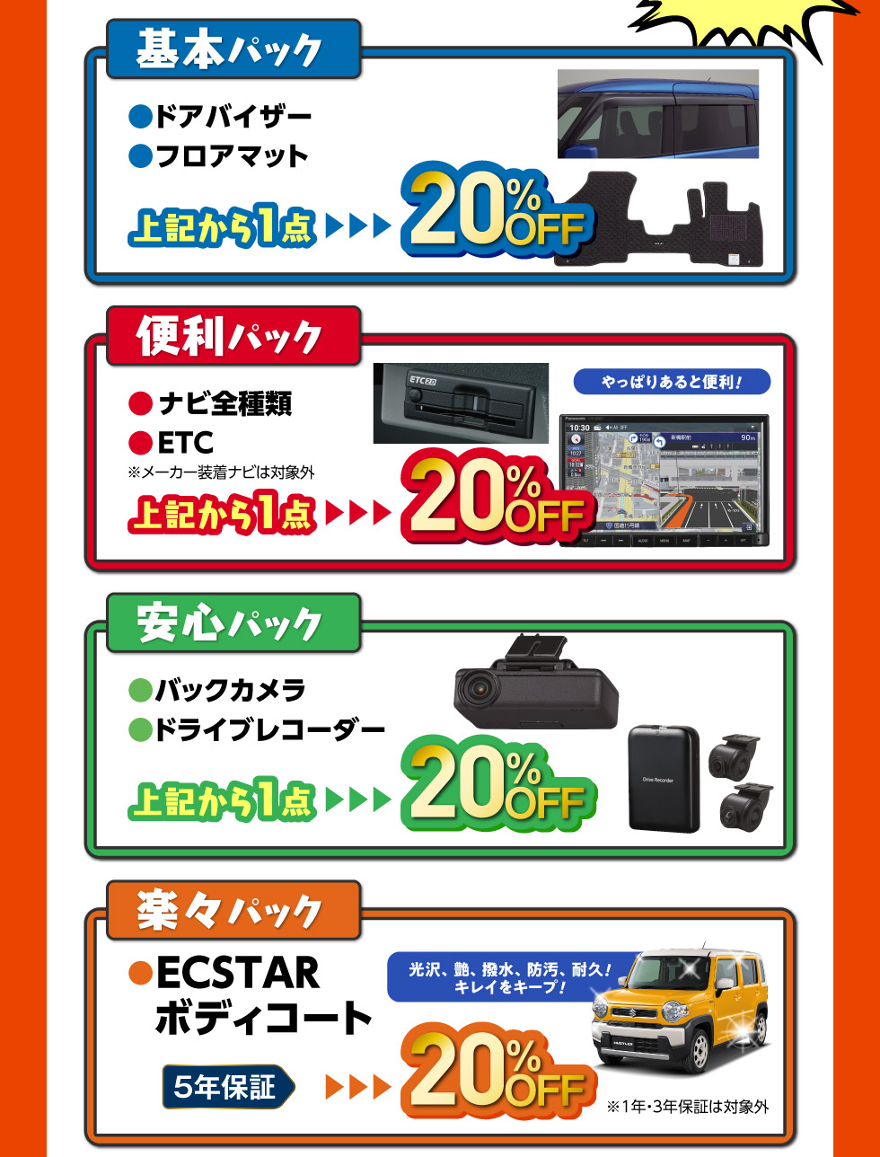 基本・便利・安心・楽々の4つのお得なパック：人気用品が20%OFF