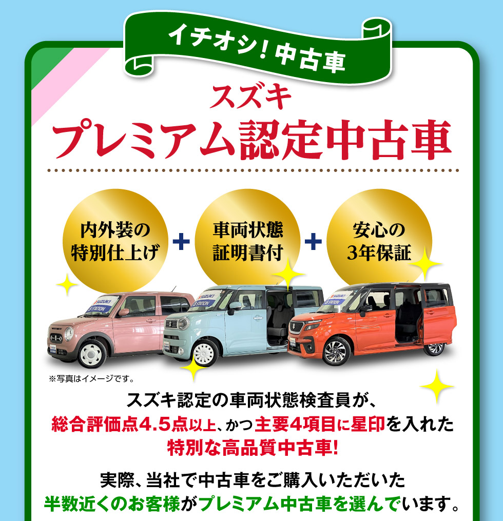 当社で中古車を購入された半数以上の人に選ばれている『スズキプレミアム認定中古車』