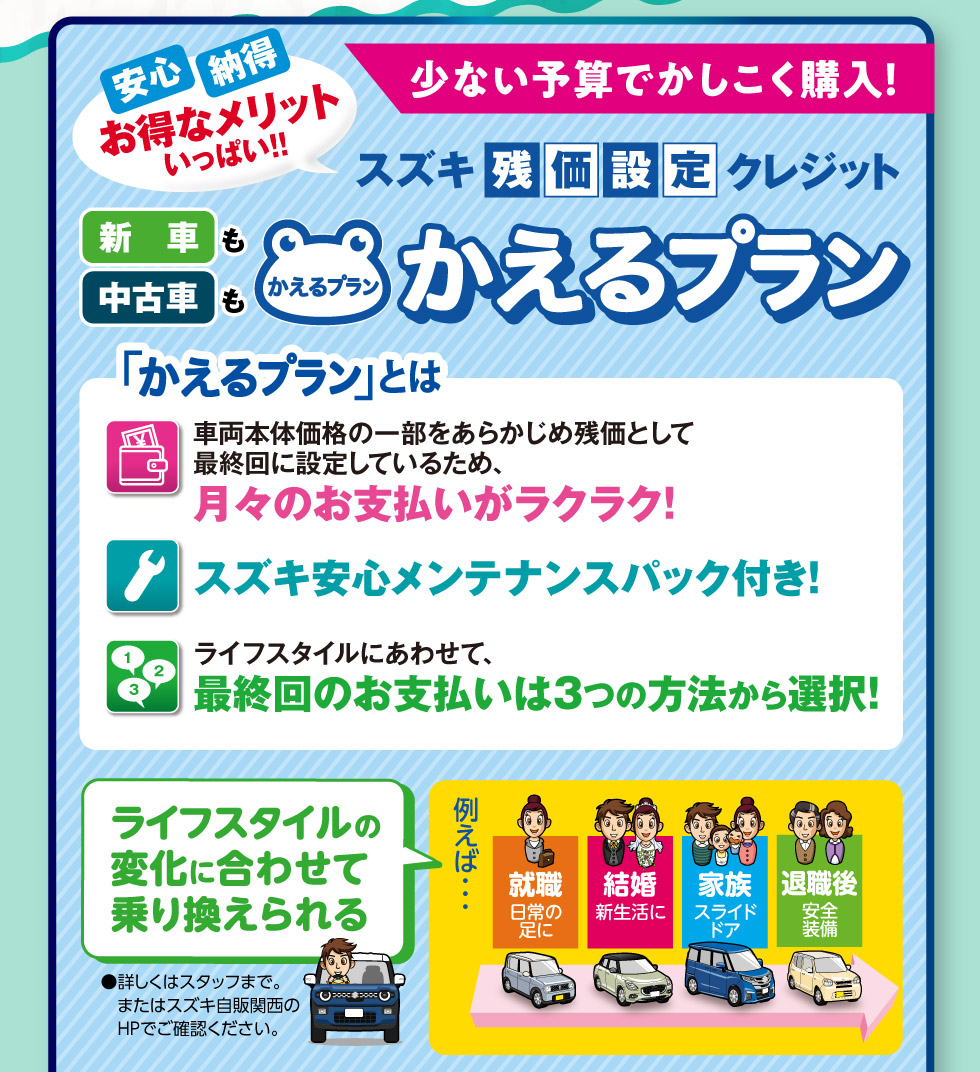 少ない予算でかしこく購入！スズキ残価設定クレジット『かえるプラン』