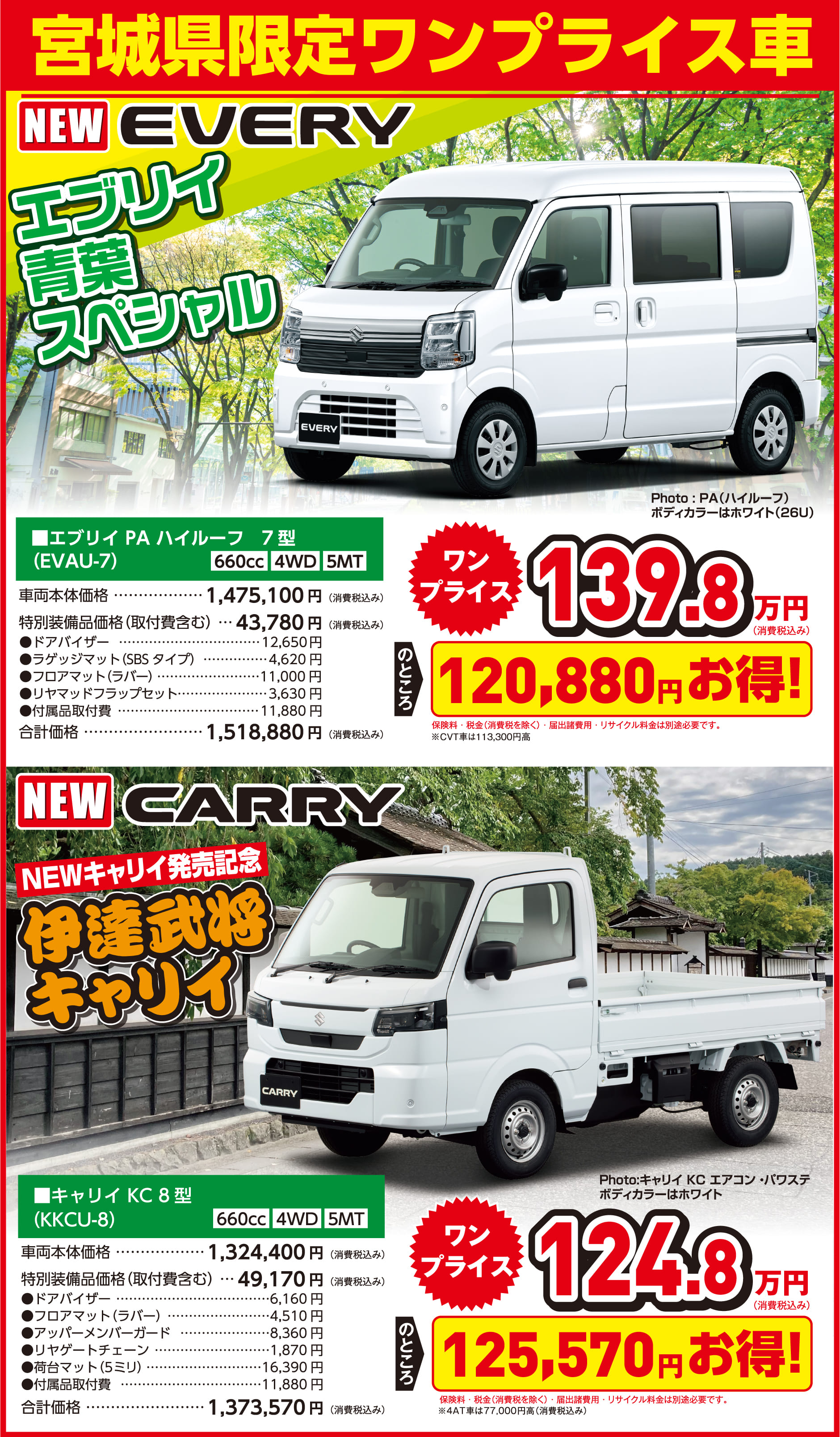 宮城限定ワンプライス車 エブリィ PA ハイルーフ 7型 車両本体＋特別備品価格税込139.8万円／キャリイKC8型 車両本体＋特別備品価格税込124.8万円