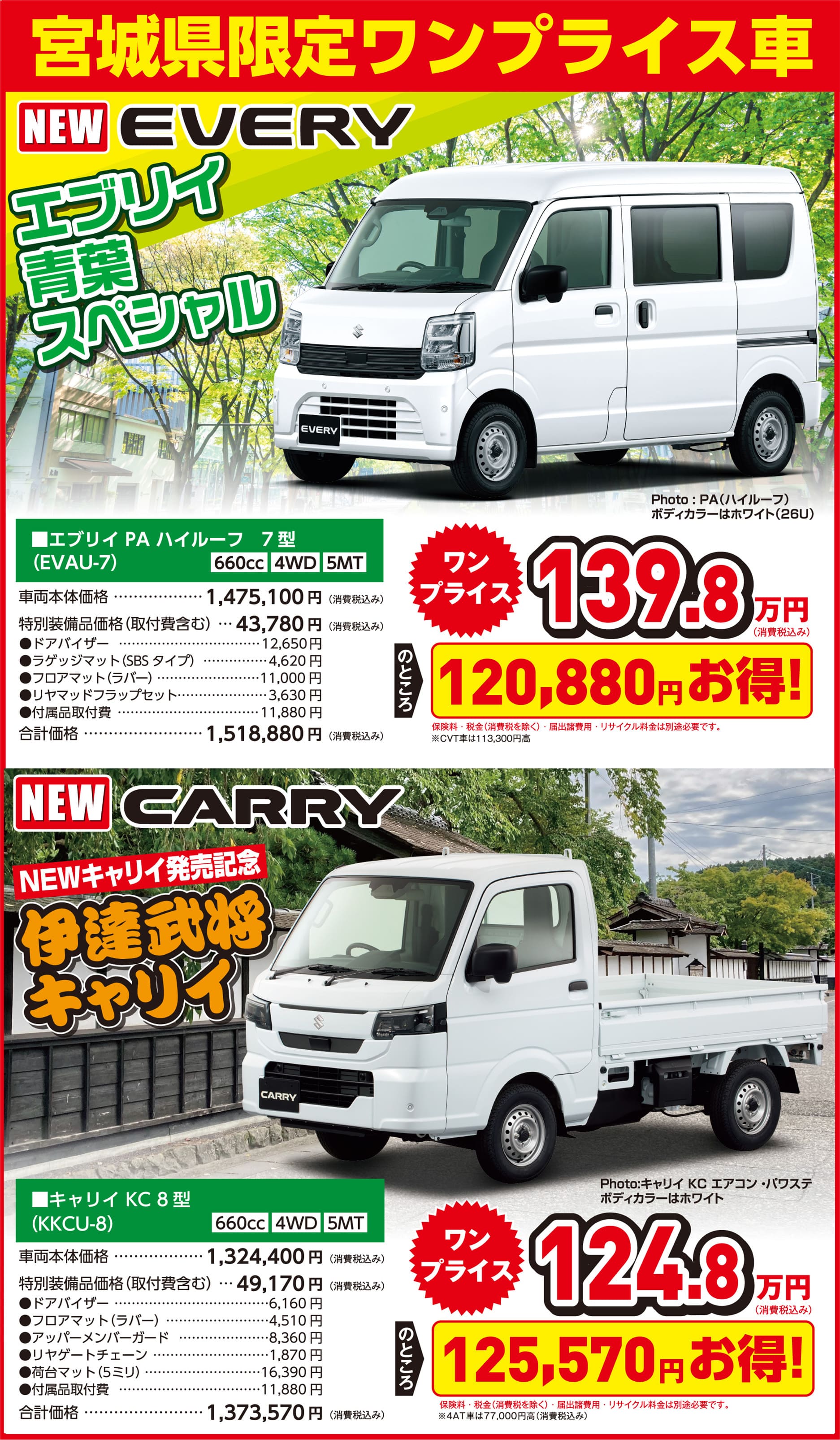 宮城限定ワンプライス車 エブリィ PA ハイルーフ 7型 車両本体＋特別備品価格税込139.8万円／キャリイKC8型 車両本体＋特別備品価格税込124.8万円