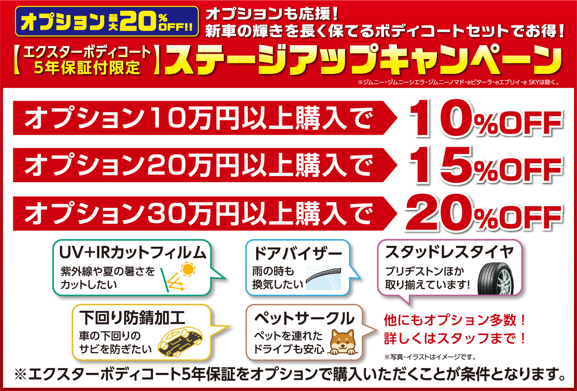 オプション最大20%オフ！ エクスターボディコート5年保障付限定ステージアップキャンペーン オプション購入金額10万円以上で10%~20%オフ