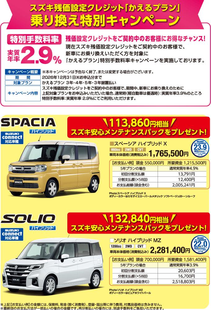 スズキ残価設定クレジットかえるプラン 乗り換え特別キャンペーンで特別手数料率実質年率2.9% スペーシアハイブリッドの場合113,860円相当、ソリオハイブリッドの場合132,840円相当のスズキ安心メンテナンスパックをプレゼント！