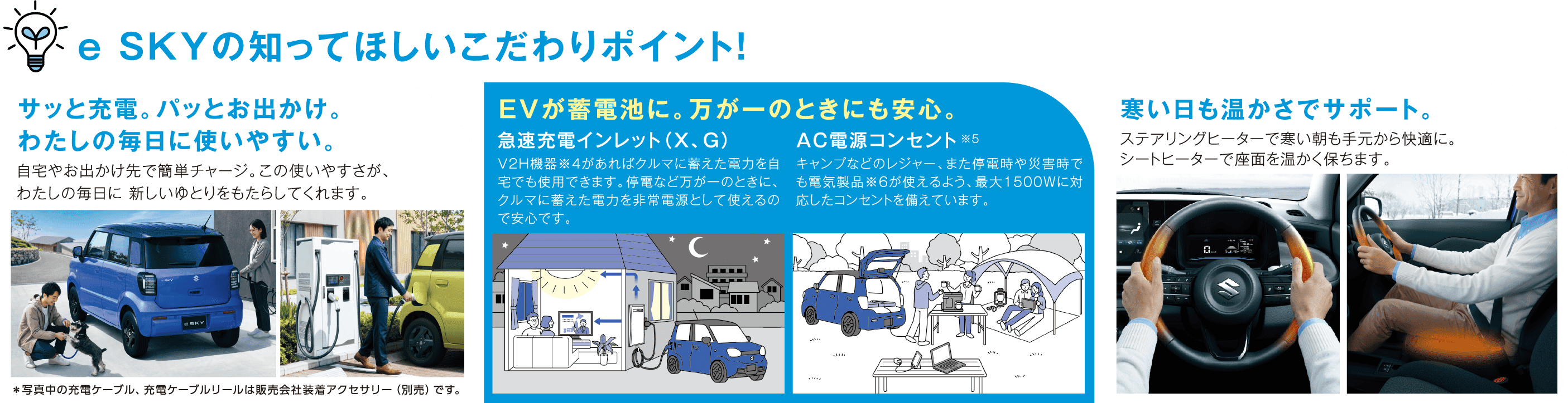 e SKYの知ってほしいこだわりポイント！ サッと充電。パッとお出かけ。わたしの毎日に使いやすい。 EVが蓄電池に。万が一のときにも安心。 寒い日も温かさでサポート。