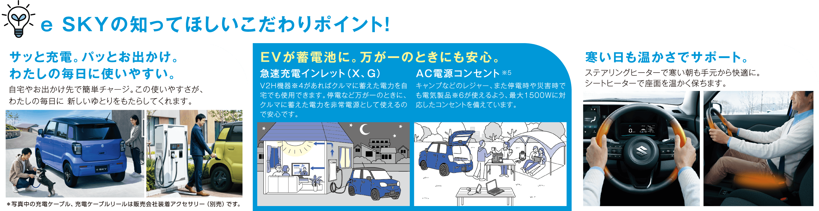 e SKYの知ってほしいこだわりポイント！ サッと充電。パッとお出かけ。わたしの毎日に使いやすい。 EVが蓄電池に。万が一のときにも安心。 寒い日も温かさでサポート。