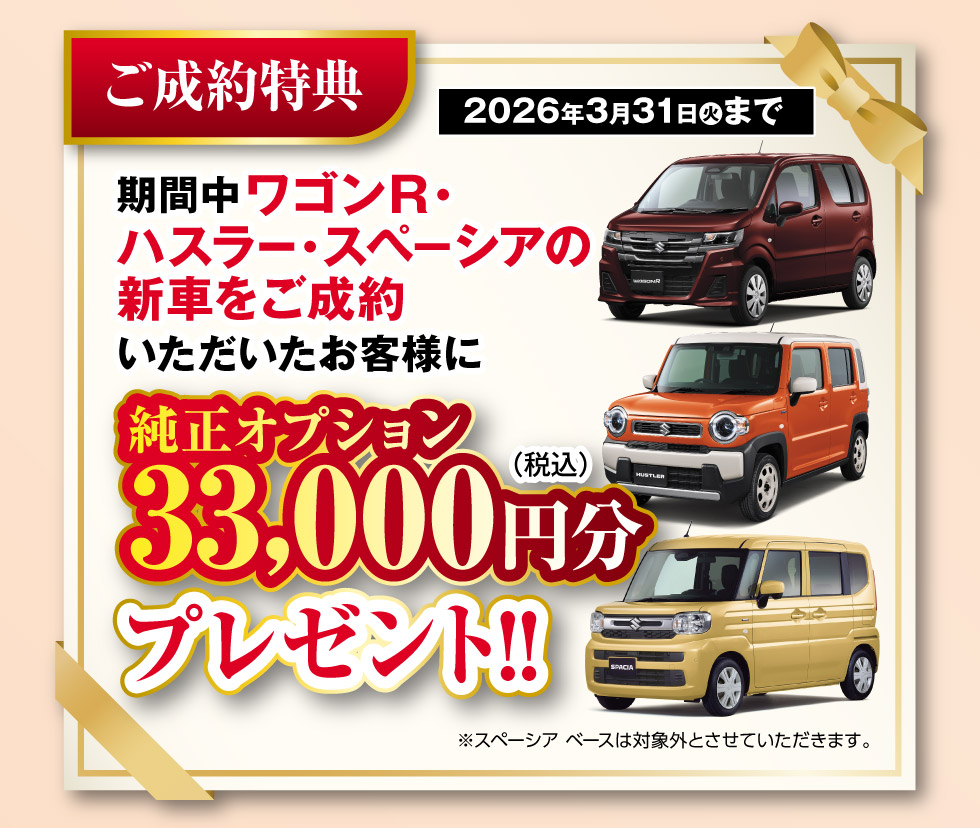 当社指定の新車ご成約で、純正オプション33,000円分プレゼント!