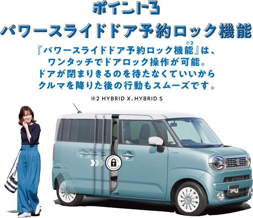 ポイント 7 パワースライドドア予約ロック機能 「パワースライドドア予約ロック機能」は、ワンタッチでドアロック操作が可能。ドアが閉まり切るのを待たなくていいから車を降りた後の行動もスムーズです。
