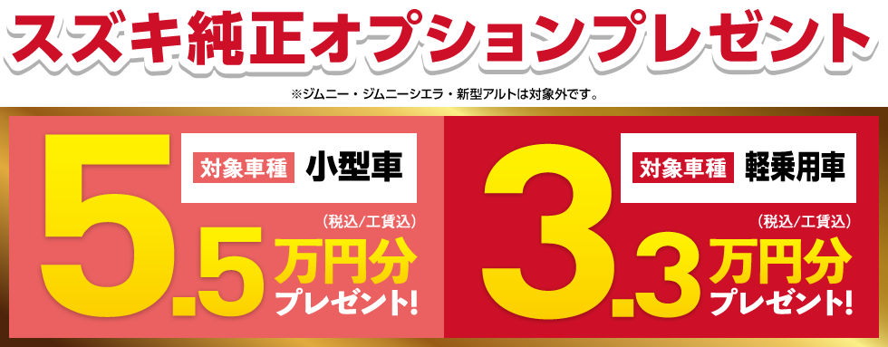 新春　スズキ初売り！スズキ純正オプションプレゼント（※ジムニー・ジムニーシエラ・新型アルトは対象外です。）小型車5.5万円分プレゼント、軽乗用車3.3万円分プレゼント