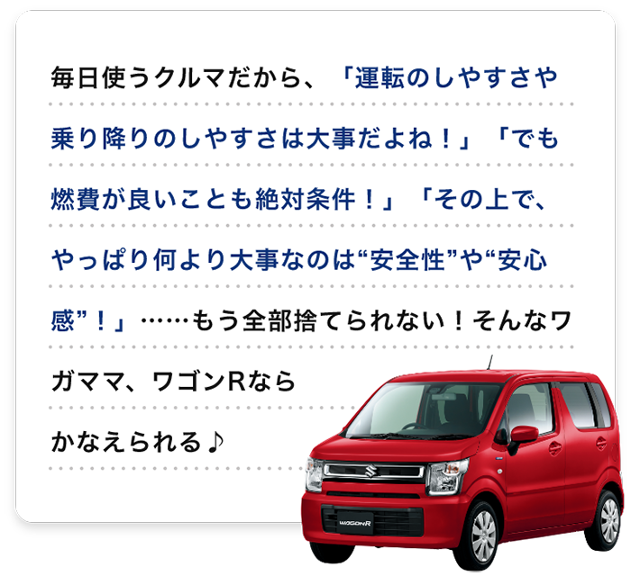 毎日使うクルマだから、「運転のしやすさや乗り降りのしやすさは大事だよね！」「でも燃費が良いことも絶対条件！」「その上で、やっぱり何より大事なのは“安全性”や“安心感”！」……もう全部捨てられない！そんなワガママ、ワゴンRならかなえられる♪