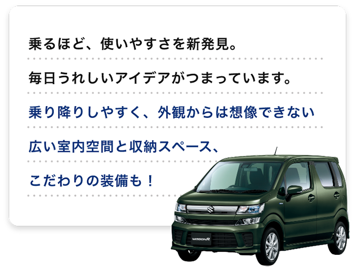 乗るほど、使いやすさを新発見。毎日うれしいアイデアがつまっています。「乗り降りしやすく、外観からは想像できない広い室内空間と収納スペース、こだわりの装備も！