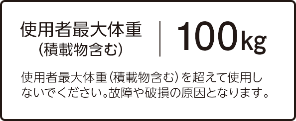 使用者最大体重（積載物含む）100kg この重量を超える場合は、当製品が壊れるおそれがあるため使用することはできません。